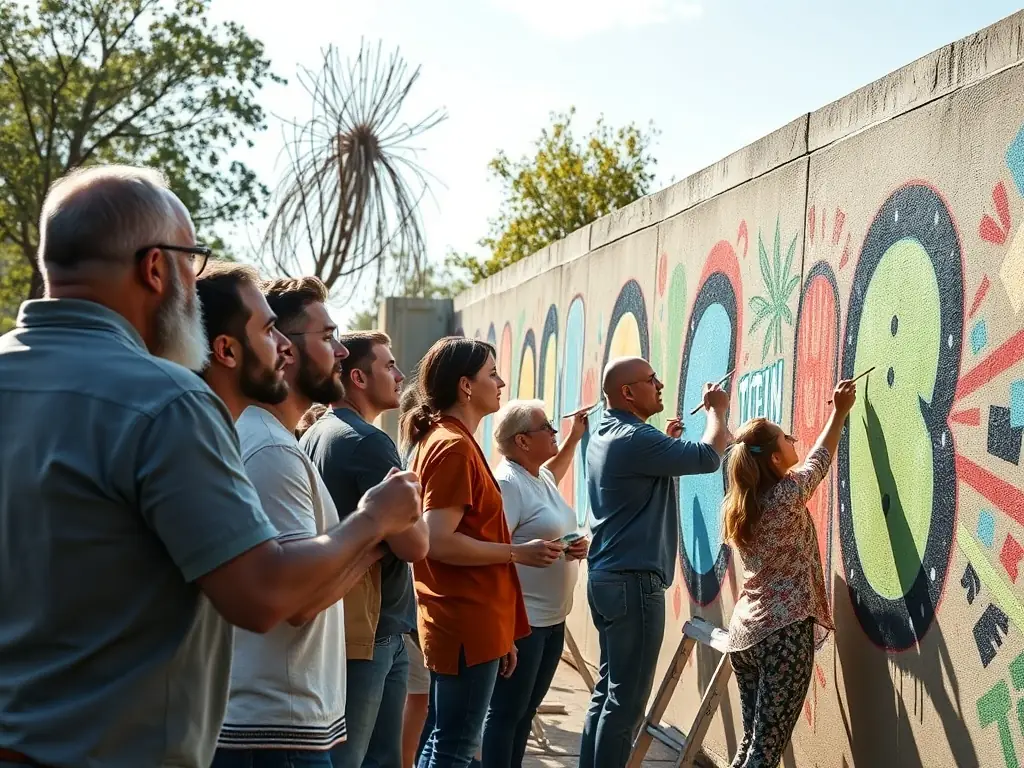 A photograph capturing a collaborative art workshop facilitated by SOCIETE DES FETES, with participants of all ages working together on a mural.
