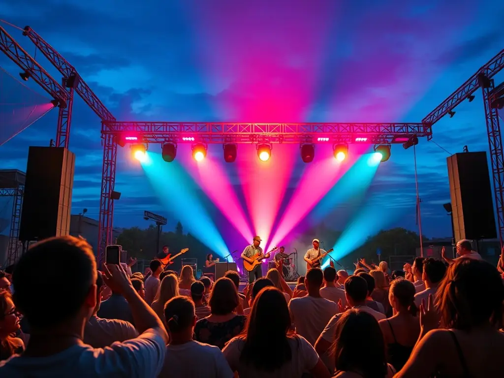 An image showing a live performance organized by SOCIETE DES FETES, featuring local artists and musicians on an outdoor stage.