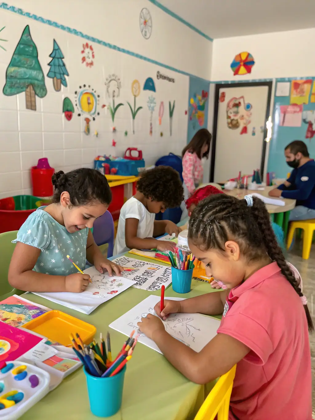 A photo of children participating in an interactive art workshop during a SOCIETE DES FETES event, highlighting the organization's commitment to cultural education.