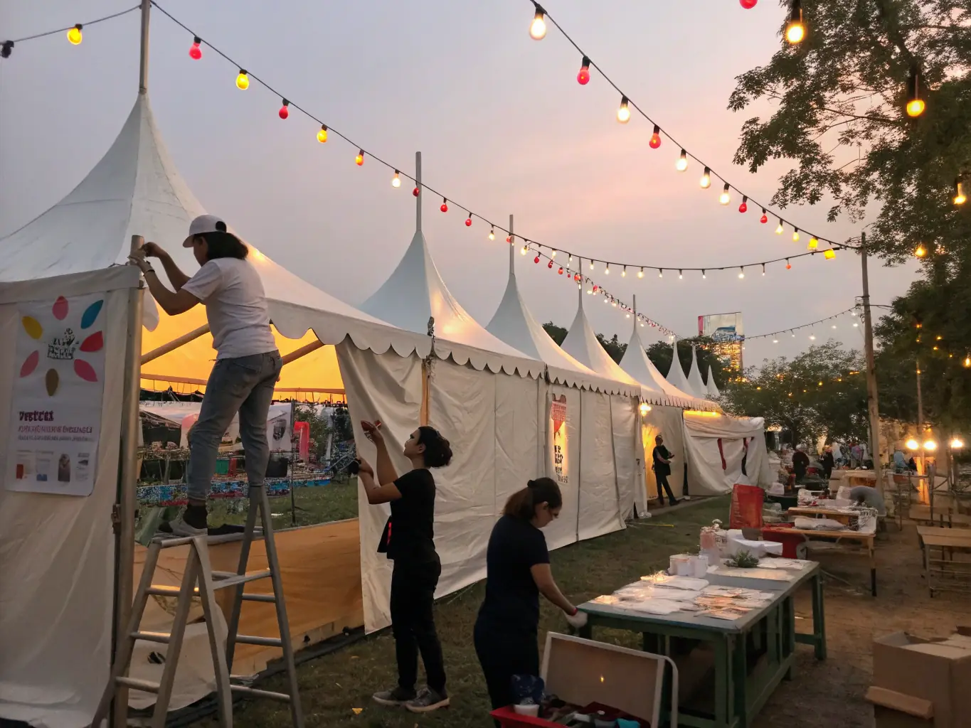 An image showing volunteers setting up for a live performance event, with a focus on the collaborative effort and community spirit involved.