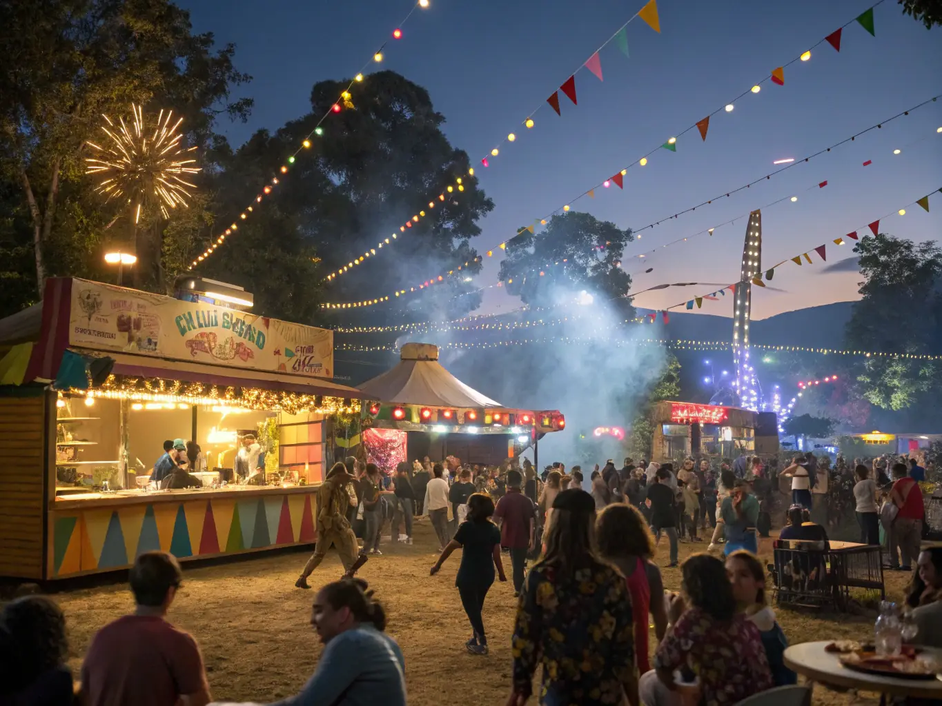 A vibrant image depicting a community festival organized by SOCIETE DES FETES, showcasing diverse participants enjoying live music and local food stalls.