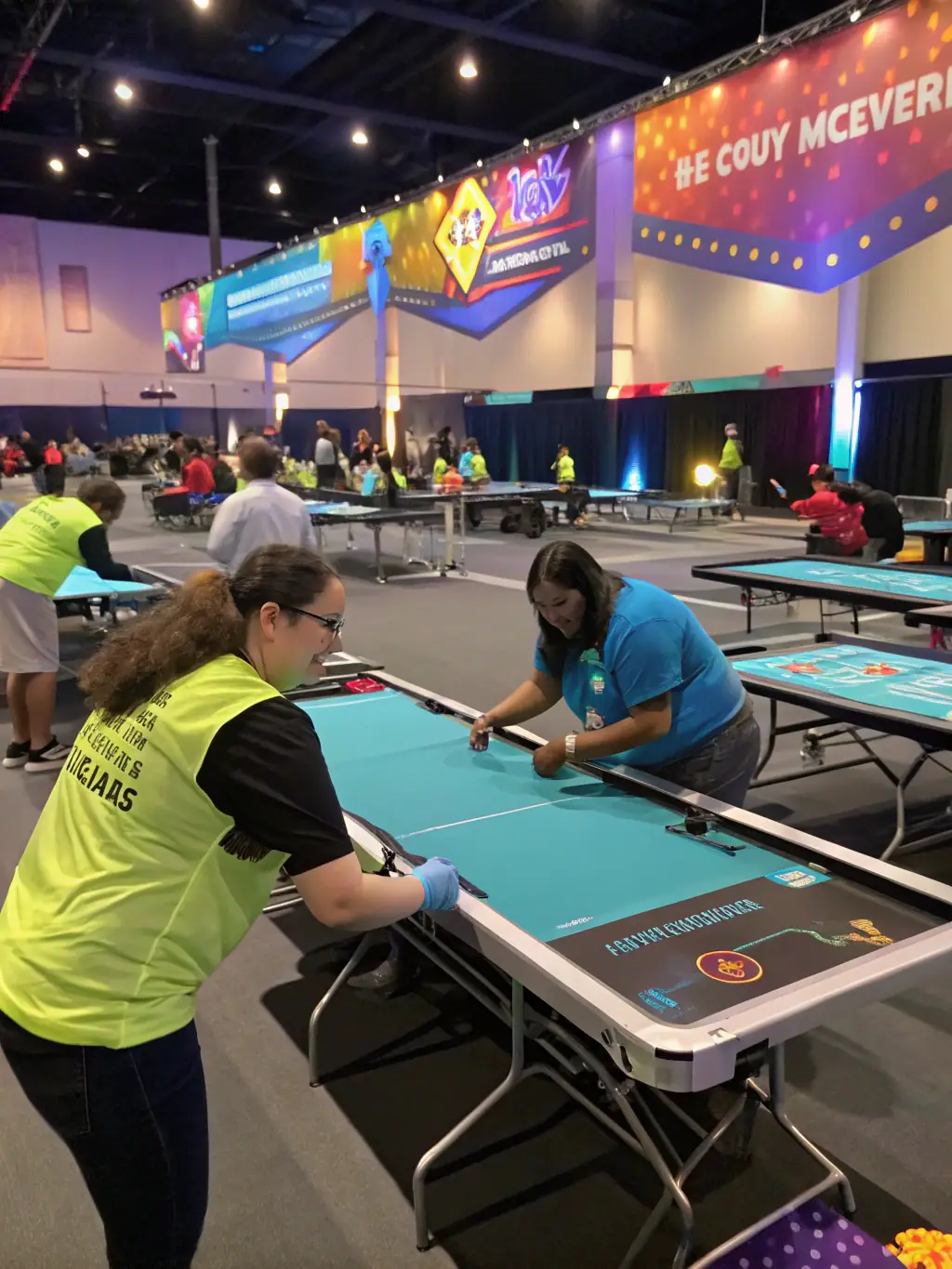 A vibrant image depicting volunteers setting up for a local community festival, showcasing the collaborative spirit of SOCIETE DES FETES.