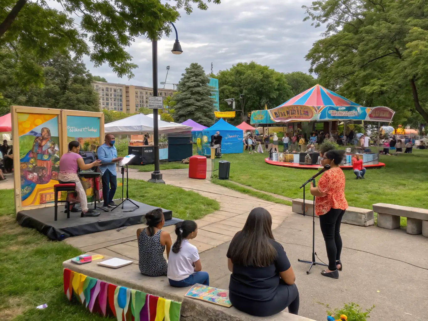 A vibrant image depicting a community festival organized by SOCIETE DES FETES, showcasing diverse participants enjoying music, food, and cultural performances in a public park.